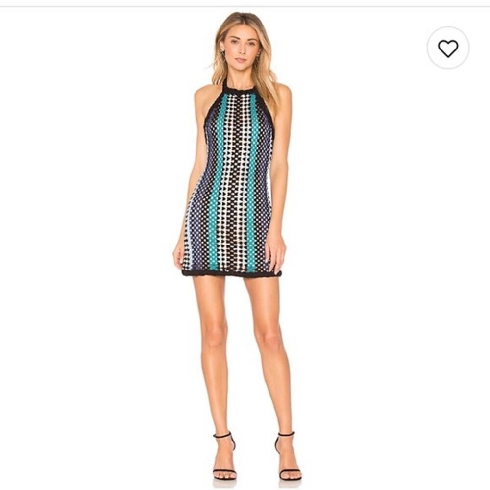 NBD Black, White & Teal Crochet Halter Mini Dress